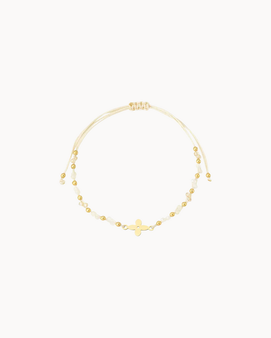 Beige armband met gouden bloem | Stainless steel & kralen | Meiko | Conceptstore Sisalla