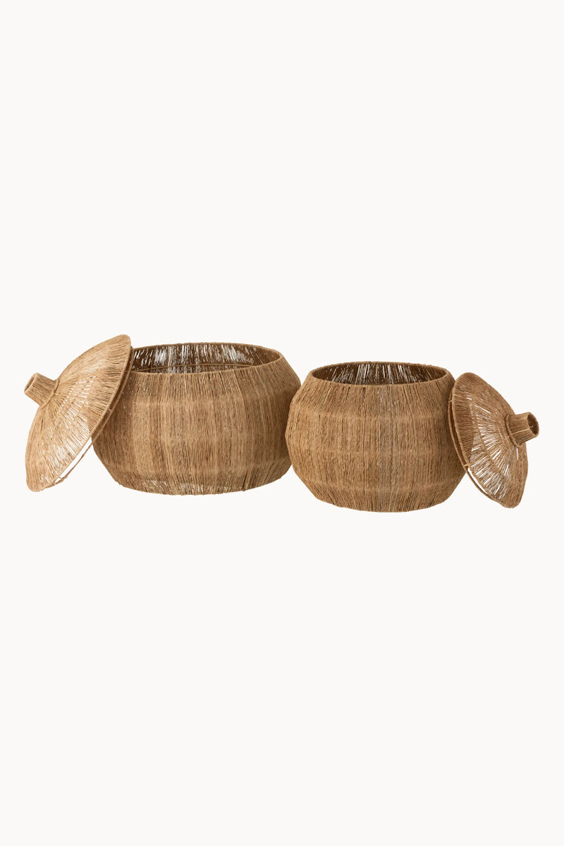 Lage jute mand met deksel | Set van 2 | Naturel